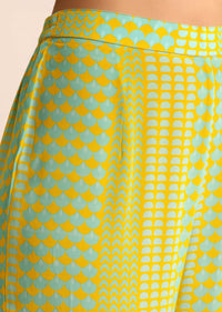 Yellow And Blue Embroidered Crepe Kaftan Kurti And Pant