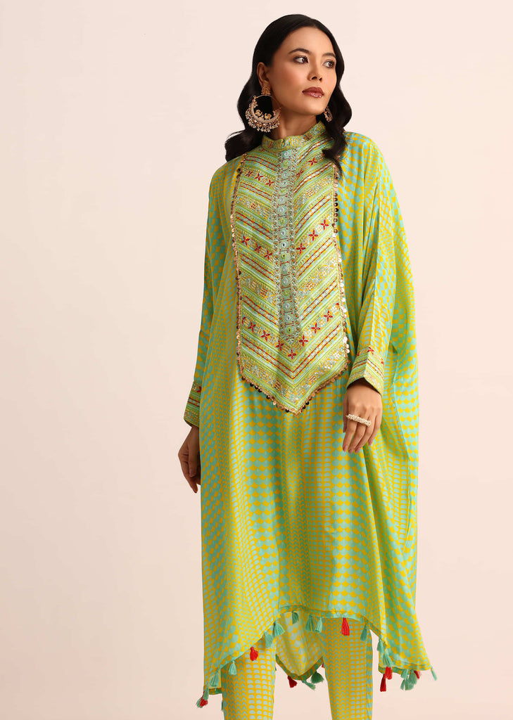 Yellow And Blue Embroidered Crepe Kaftan Kurti And Pant