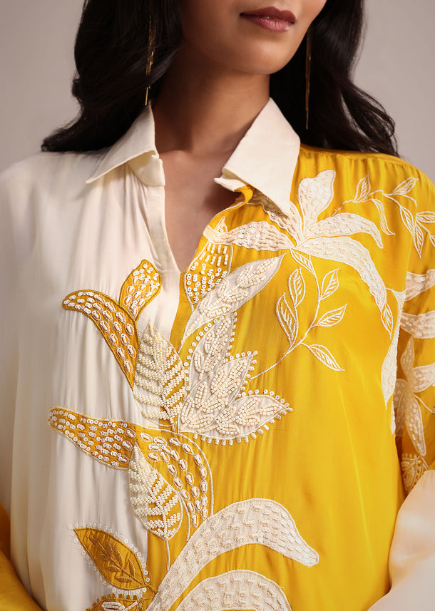 Yellow And Cream Colour Block Crepe Embroidered Kurta Pant