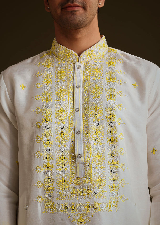 Yellow And Cream Ombre Silk Kurta Set