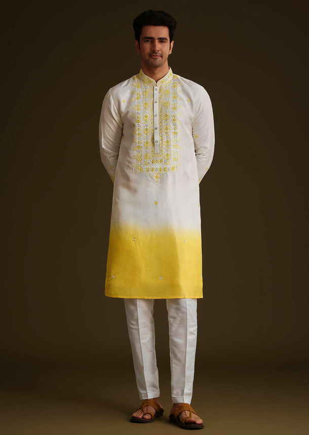Yellow And Cream Ombre Silk Kurta Set