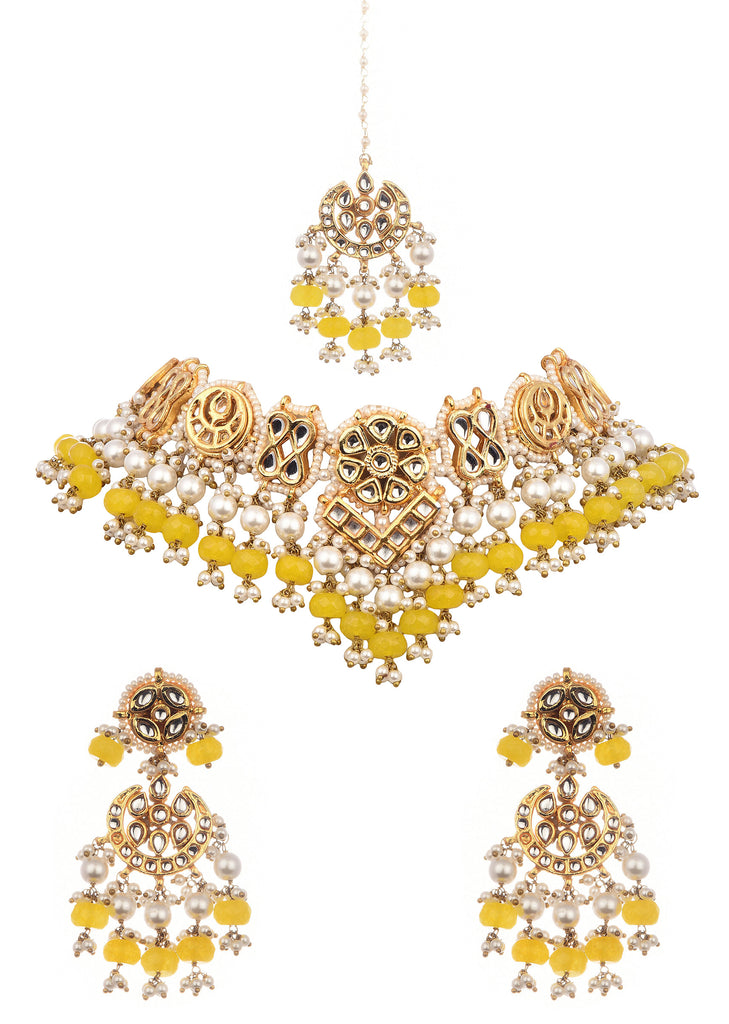 Yellow And Gold Kundan Mix Metal Short Necklace Set