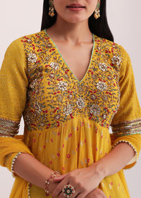 Yellow And Green Embroidered Palazzo Set