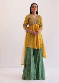 Yellow And Green Embroidered Palazzo Set