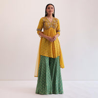Yellow And Green Embroidered Palazzo Set