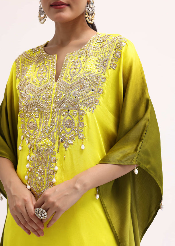 Yellow And Green Embroidered Satin Kurta Pant