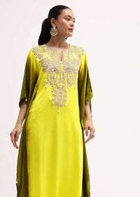 Yellow And Green Embroidered Satin Kurta Pant