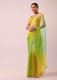 Yellow And Green Organza Saree With Floral Work