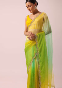 Yellow And Green Organza Saree With Floral Work