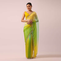 Yellow And Green Organza Saree With Floral Work