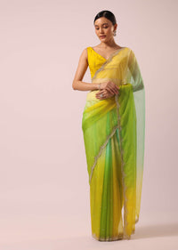 Yellow And Green Organza Saree With Floral Work