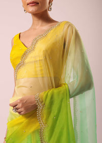 Yellow And Green Organza Saree With Floral Work