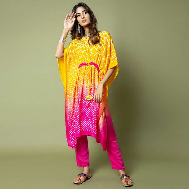 Yellow And Hot Pink Ombré Kaftan And Straight Pants Set With Bandhani And Hand Embroidery