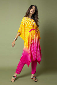Yellow And Hot Pink Ombré Kaftan And Straight Pants Set With Bandhani And Hand Embroidery
