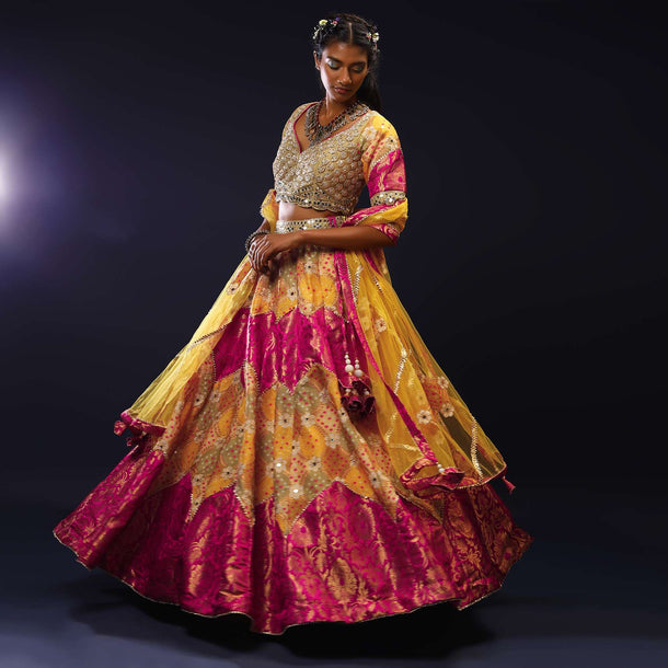 Yellow And Magenta Lehenga Choli With Floral Brocade And Bandhani Along With Mirror Accents