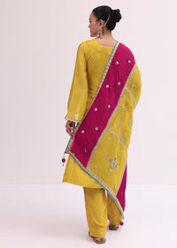 Yellow And Maroon Embroidered Kurta Pant Set