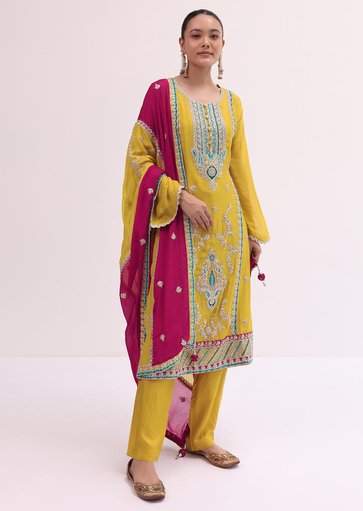 Yellow And Maroon Embroidered Kurta Pant Set