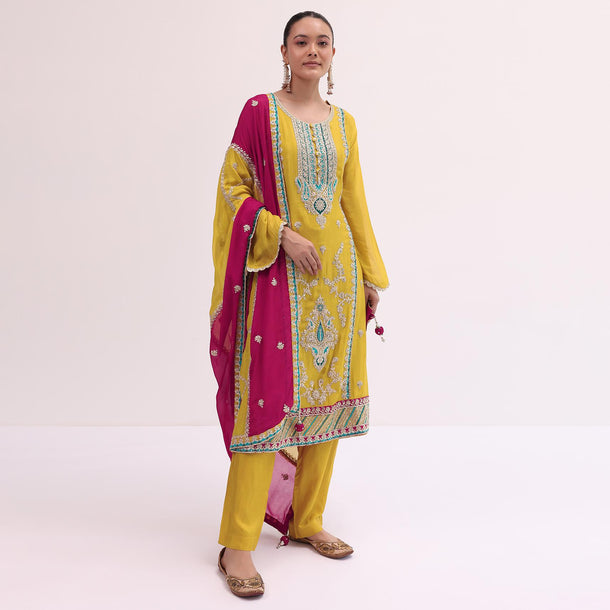 Yellow And Maroon Embroidered Kurta Pant Set