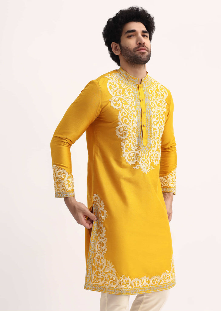 Yellow And Mustard Kurta With Threadwork