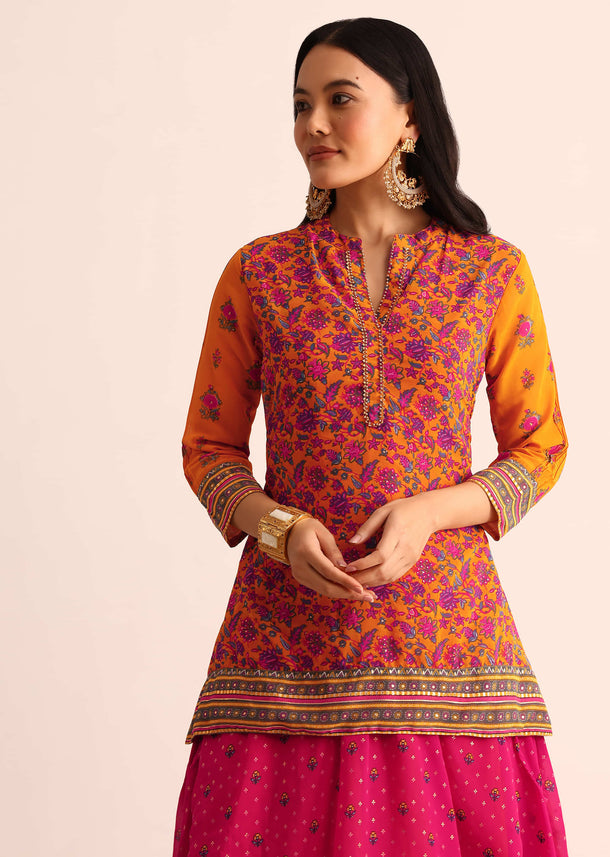 Yellow And Pink Floral Printed Georgette Long Kurti