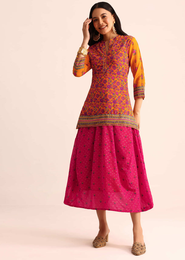Yellow And Pink Floral Printed Georgette Long Kurti