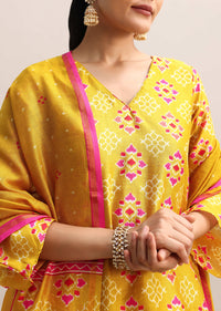 Yellow And Pink Patola Printed Kurta Palazzo With Dupatta