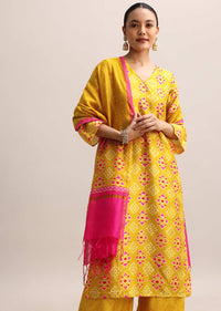 Yellow And Pink Patola Printed Kurta Palazzo With Dupatta