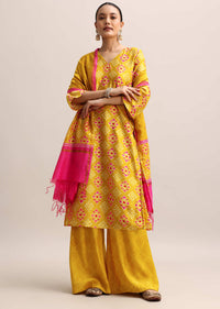 Yellow And Pink Patola Printed Kurta Palazzo With Dupatta
