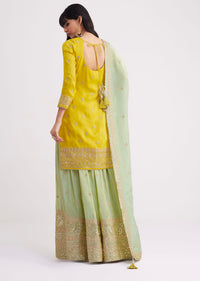 Yellow And Pista Green Tissue Palazzo Suit With Zardosi Work