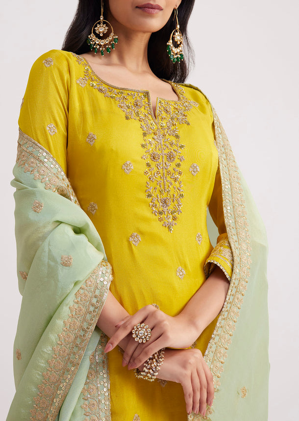 Yellow And Pista Green Tissue Palazzo Suit With Zardosi Work
