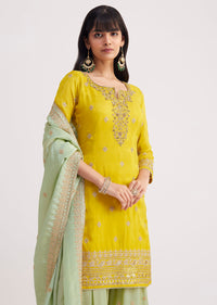 Yellow And Pista Green Tissue Palazzo Suit With Zardosi Work