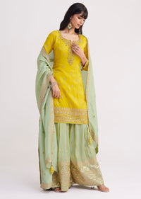 Yellow And Pista Green Tissue Palazzo Suit With Zardosi Work