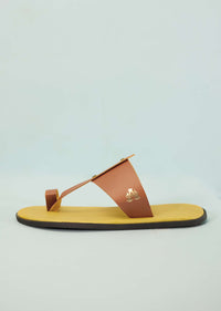 Yellow And Tan Brown Strappy Slides For Men In Leather With Buttons