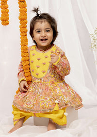 Kalki Girls Yellow Angrakha Set In Cotton With Floral Print And Bead Embroidery By Tiber Taber