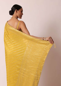 Yellow Banarasi Silk Handloom Saree With Zari Stripes And Unstitched Blouse Piece