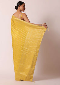 Yellow Banarasi Silk Handloom Saree With Zari Stripes And Unstitched Blouse Piece