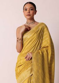 Yellow Banarasi Silk Handloom Saree With Zari Stripes And Unstitched Blouse Piece