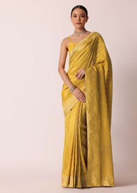 Yellow Banarasi Silk Handloom Saree With Zari Stripes And Unstitched Blouse Piece