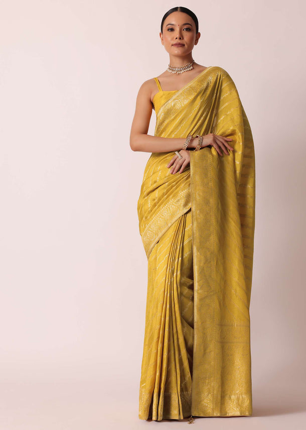 Yellow Banarasi Silk Handloom Saree With Zari Stripes And Unstitched Blouse Piece