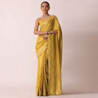 Yellow Banarasi Silk Handloom Saree With Zari Stripes And Unstitched Blouse Piece