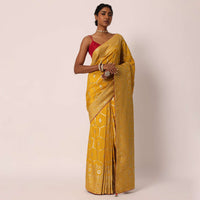 Yellow Banarasi Silk Saree With Hexagon Jaal Weave And Unstitched Blouse Piece