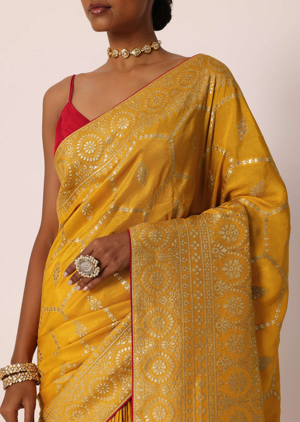 Yellow Banarasi Silk Saree With Hexagon Jaal Weave And Unstitched Blouse Piece