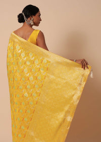 Yellow Banarasi Silk Saree With Meenakari Jaal Work And Unstitched Blouse Piece