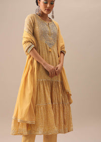 Yellow Bandhani Print Anakrali Set with Gota Trims