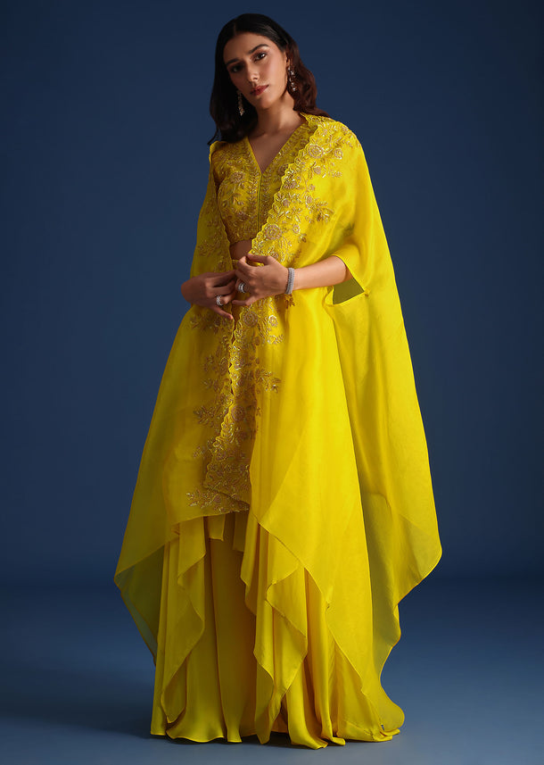 Yellow Bead Embroidered Jacket With Blouse And Skirt