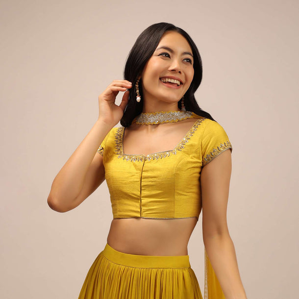 Yellow Blouse With Sequins, Stone And zardosi Work On The Neckline