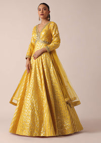 Yellow Brocade Anarkali Set With Mirror Work