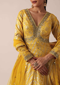 Yellow Brocade Anarkali Set With Mirror Work