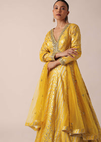 Yellow Brocade Anarkali Set With Mirror Work