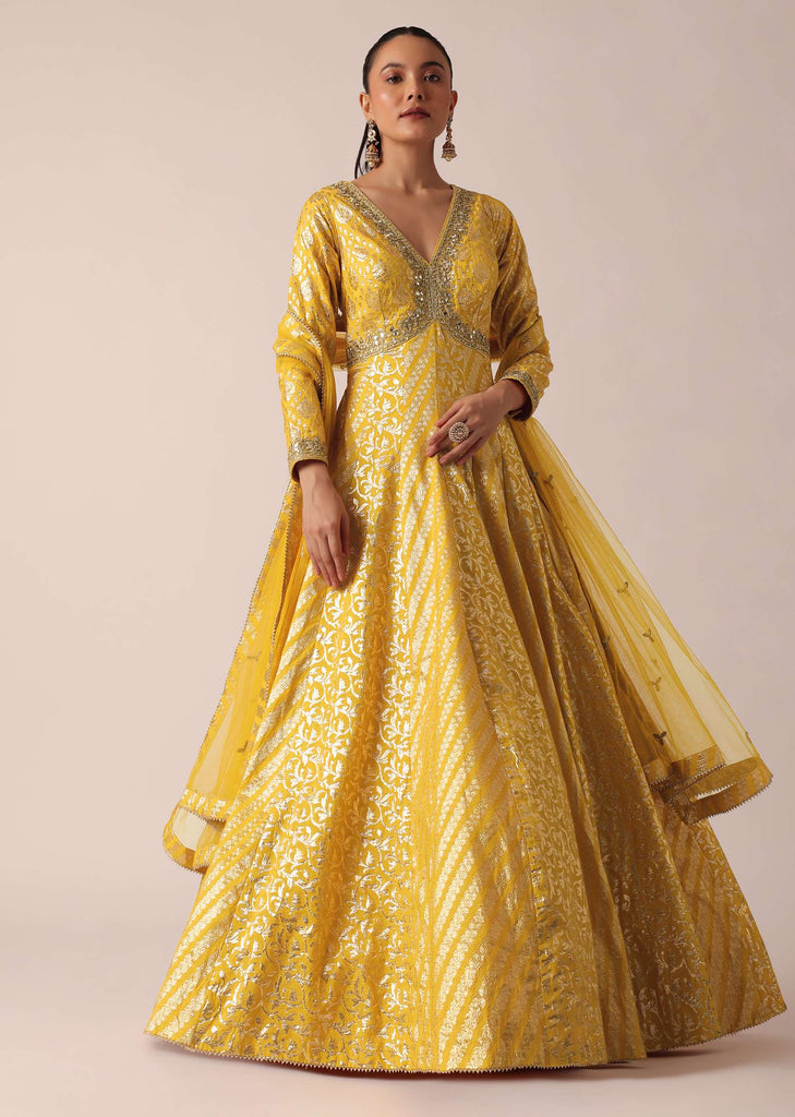 Yellow Brocade Anarkali Set With Mirror Work